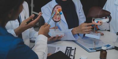 medico, incontro e il computer portatile per squadra nel ufficio nel discussione, di brainstorming e pianificazione. medico, infermiera e computer su scrivania, lavoro di squadra o laboratorio per modello interno organo. foto