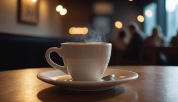 bar caldo tazza di caffè su un' piattino su un' buio sfondo, getto un' magro ombra. bokeh nel il sfondo. foto