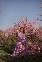 donna fioritura pesca frutteto. contro il fondale di un' pittoresco pesca frutteto, un' donna nel un' lungo rosa vestito e cappello gode un' tranquillo, calmo camminare nel il parco, circondato di il bellezza di natura. foto