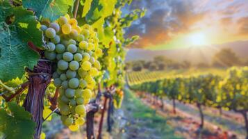 lussureggiante vigneto bagnata nel luce del sole con maturo frutta in attesa per essere raccolto nel il picco di estate foto