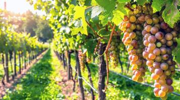 lussureggiante vigneto bagnata nel luce del sole con maturo frutta in attesa per essere raccolto nel il picco di estate foto