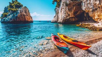 paio di colorato kayak riposo su il costa, facendo cenno avventurieri per Esplorare nascosto calette foto