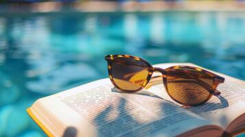 paio di occhiali da sole riposo su libro di il bordo piscina, esemplificativo pigro estate giorni foto