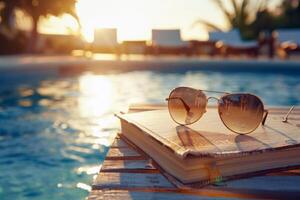 paio di occhiali da sole riposo su libro di il bordo piscina, esemplificativo pigro estate giorni foto