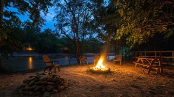 tranquillo, calmo sul fiume campeggio illuminato di il tremolante leggero di fuoco di bivacco foto