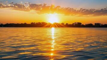 tramonto al di sopra di tranquillo lago, getto caldo splendore al di sopra di il acqua e circostante paesaggio foto