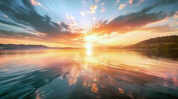 tramonto al di sopra di tranquillo lago, getto caldo splendore al di sopra di il acqua e circostante paesaggio foto