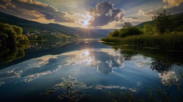 tramonto al di sopra di tranquillo lago, getto caldo splendore al di sopra di il acqua e circostante paesaggio foto