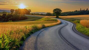 strada viaggio attraverso nazione strade, circondato di i campi di baciato dal sole colture nel il altezza di estate foto