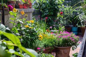 tetto giardino oasi nel il cuore di il città, fioritura con vivace fiori e verdeggiante fogliame foto