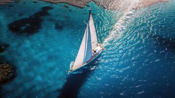 barca a vela volo a vela attraverso scintillante blu acque, spinto di dolce estate brezza foto