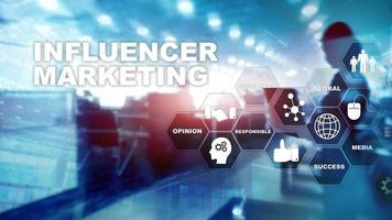 concetto di marketing di influencer nel mondo degli affari. tecnologia, internet e rete. sfondo astratto tecnica mista foto