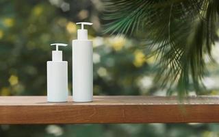 presentazione del prodotto cosmetico naturale. posizionamento del nostro giardino all'aperto. bottiglia di shampoo vaso bianco bianco. Contenuto dell'illustrazione 3D. foto