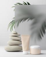 composizione con crema per il corpo in vasetti su sfondo chiaro. palme. mock up per la visualizzazione del prodotto. illustrazione 3D foto