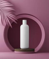 Piedistallo geometrico dell'illustrazione 3d con la presentazione della bottiglia cosmetica e le foglie di palma. sfondo astratto. modello. foto