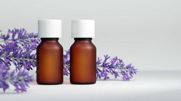 bottiglia di olio essenziale mock up. con fiori di lavanda. sfondo bianco. concetto di cura del corpo e aromaterapia. illustrazione 3D.