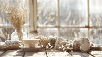 un' tazza di tè su un' opera tavolo nel un' boho stile ufficio foto