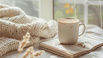 un' cappuccino su un' opera tavolo nel un' stile boho ufficio foto