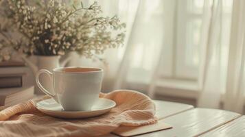 un' tazza di tè su un' opera tavolo nel un' boho stile ufficio foto