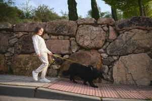 adorabile poco bambino ragazza nel abbigliamento sportivo, a piedi sua cane su guinzaglio su il strada. persone e animali. giocando animali domestici concetto foto