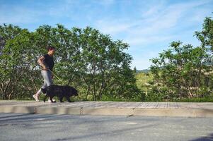 giovane donna è in esecuzione con un' cane, un' carino nero cocker spaniel su un' guinzaglio nel il estate volta, soleggiato giorno nel il montagne all'aperto. copia pubblicità spazio nel natura foto