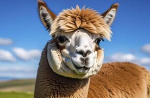 un' ritratto di divertente alpaca animale pascolo su verde campo su blu cielo foto