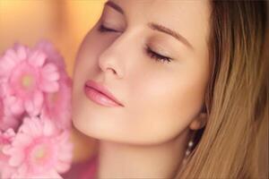 bellezza, vacanza e bridal trucco, bellissimo donna con rosa fiori mazzo come cosmetici, profumo e viso cura della pelle foto