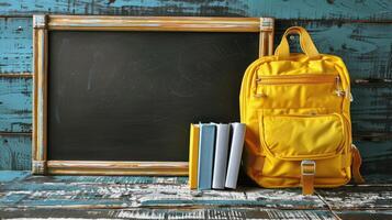 aula sfondo, indietro per scuola modello. un' scuola giallo zaino con libri sta vicino un' scuola tavola con spazio per testo. foto