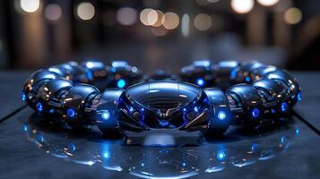 un spigoloso, futuristico a forma di scorpione braccialetto con neon blu zaffiri e lucidato argento. foto