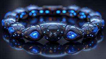 un spigoloso, futuristico a forma di scorpione braccialetto con neon blu zaffiri e lucidato argento. foto