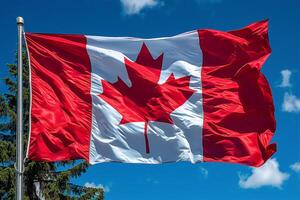 agitando canadese bandiera su blu cielo sfondo, Canada giorno concetto foto