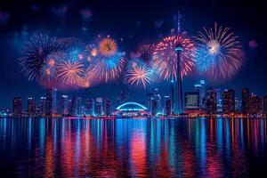 fuochi d'artificio illuminazione su il notte cielo al di sopra di iconico canadese punti di riferimento su luglio 1 ° foto
