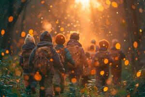 gruppo di bambini a caccia per folletti e pentole di oro a il fine di il arcobaleno nel un' capriccioso foresta ambientazione foto