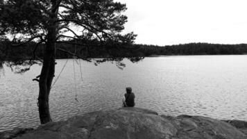 nero e bianca foto di un' giovane donna nel un' felpa e cappuccio riposo su un' cresta prospiciente un' lago