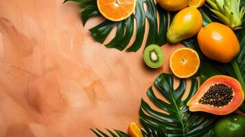 tropicale frutta e le foglie su pastello sfondo superiore Visualizza foto