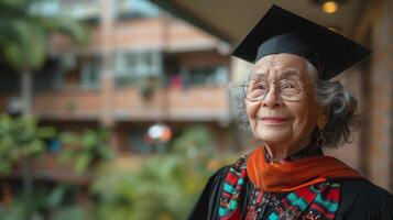 più vecchio donna indossare la laurea berretto e toga foto