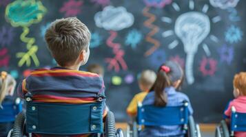 un' gruppo di diverso bambini nel sedie a rotelle seduta nel davanti di un' lavagna, coinvolgente nel un' aula attività. foto