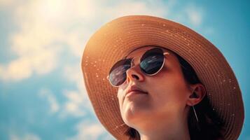 un' donna sguardi in il distanza, indossare un' a tesa larga sole cappello e occhiali da sole contro un' soleggiato blu cielo. foto