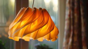 calorosamente illuminato sospeso pendente lampada nel un' accogliente interno a crepuscolo foto