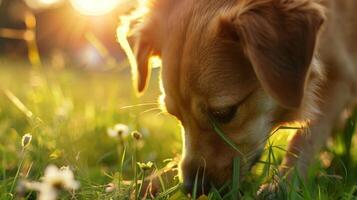 un' cane con suo naso vicino per il terra, annusando il erba nel un' vasto campo su un' soleggiato giorno. foto
