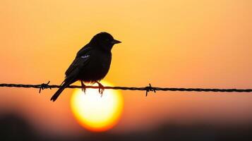 silhouette di piccolo uccello arroccato su spinato filo a tramonto foto