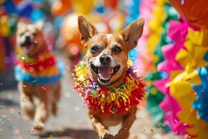 contento chihuahua cani godendo carnevale parata con coriandoli e costumi foto