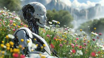 robot androide nel colorato prato circondato di fiori e montagne, che rappresentano armonia fra natura e tecnologia foto