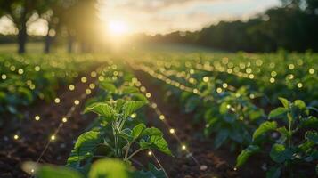 righe di illuminato Patata impianti in crescita nel un' sostenibile azienda agricola campo a tramonto. concetto di agricoltura, tecnologia, e innovazione foto