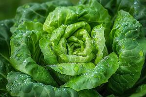 vicino su di fresco verde lattuga con acqua goccioline in crescita nel giardino foto