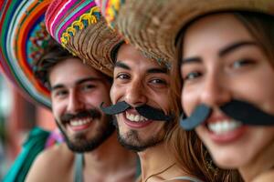 gioioso messicano trio con vivace sombreros e baffi foto