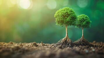Due giovane alberi in crescita nel luce del sole, che rappresentano crescita, ambientalismo, e sostenibilità foto