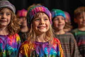 sorridente bambino esegue nel coro con cravatta tintura camicie e colorato cappelli foto