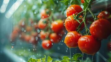 maturo rosso pomodori in crescita nel idroponica serra con acqua goccioline foto