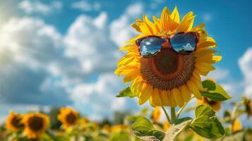 freddo girasole indossare occhiali da sole nel un' campo di giallo girasoli con blu cielo e nuvole foto